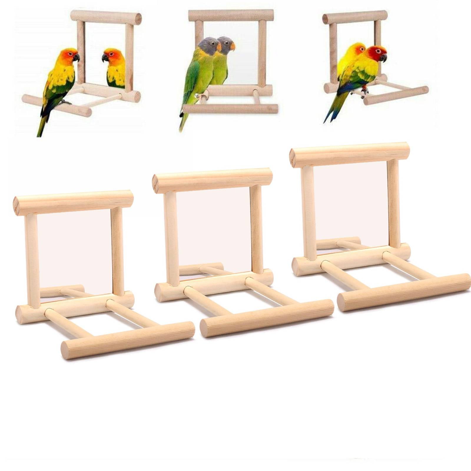 Wooden Bird Mirrors Bird Swing, Parrot Cage Toys, Swing Hanging Play with Mirror for Small Birds Greys Parakeet Cockatoo Cockatiel Conure Lovebirds Canaries Little Macaw African Parrot