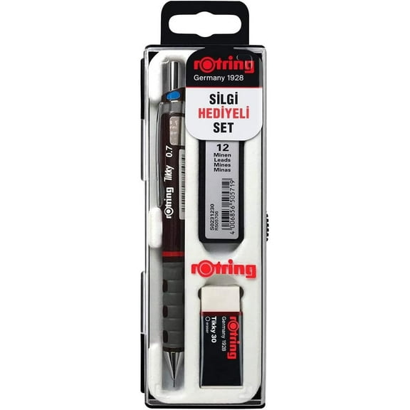 rOtring Tikky Mechanical Pencil Set, HB 0.7 mm, Burgundy, Includes 12 Leads and Eraser