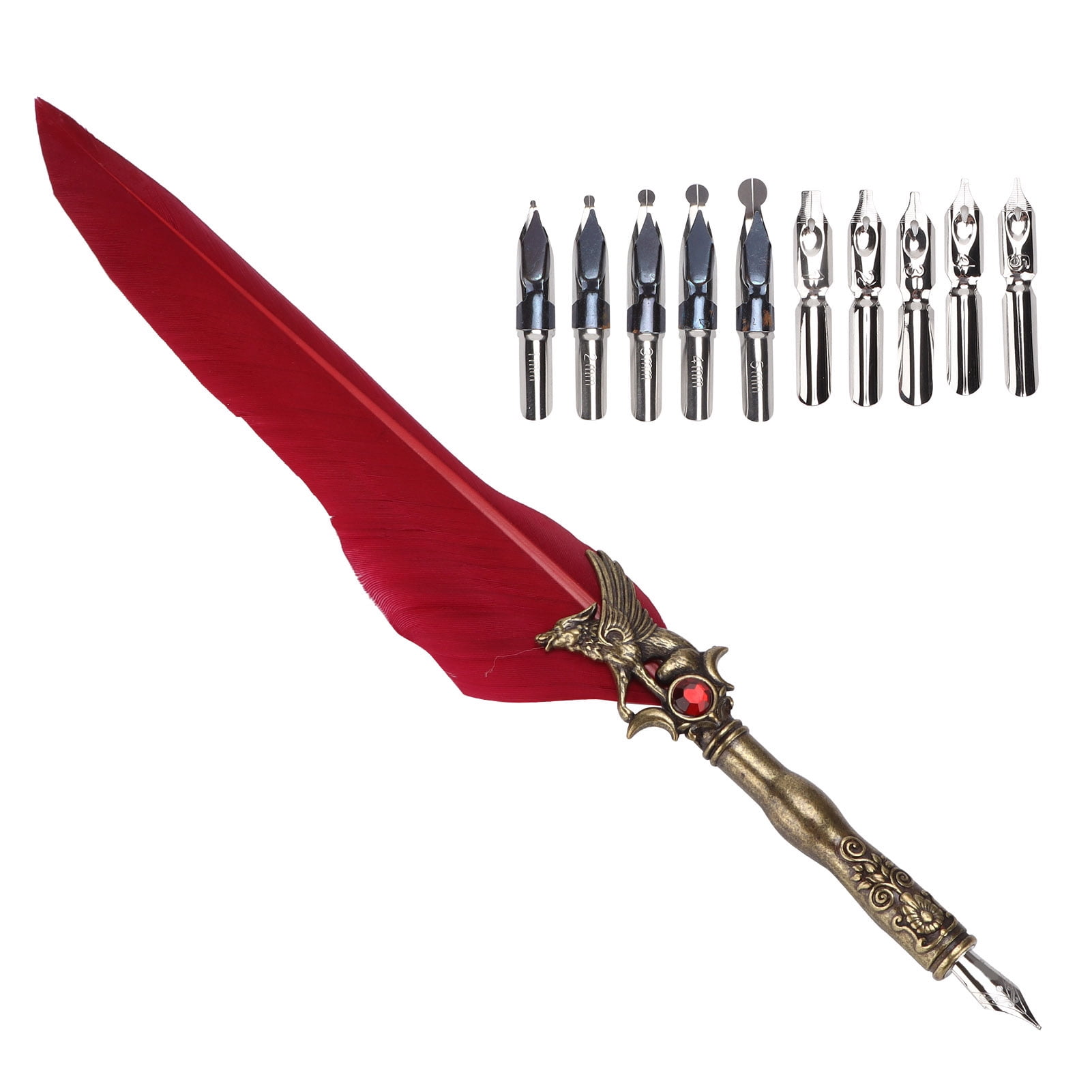 Yajisi Retro Quill Feather Pen Craft Antique Carved Stainless Steel Dip Pen for Fountain Gothic Calligraphy Writing Signature Gift, Crimson Red (10.6 inches / 27.0 cm)