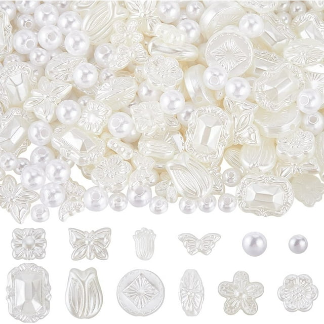 12 estilos, 400 piezas de perlas de imitación, cuentas de plástico surtidas, bonitas perlas blancas estéticas con forma de mariposa, flores y hojas.