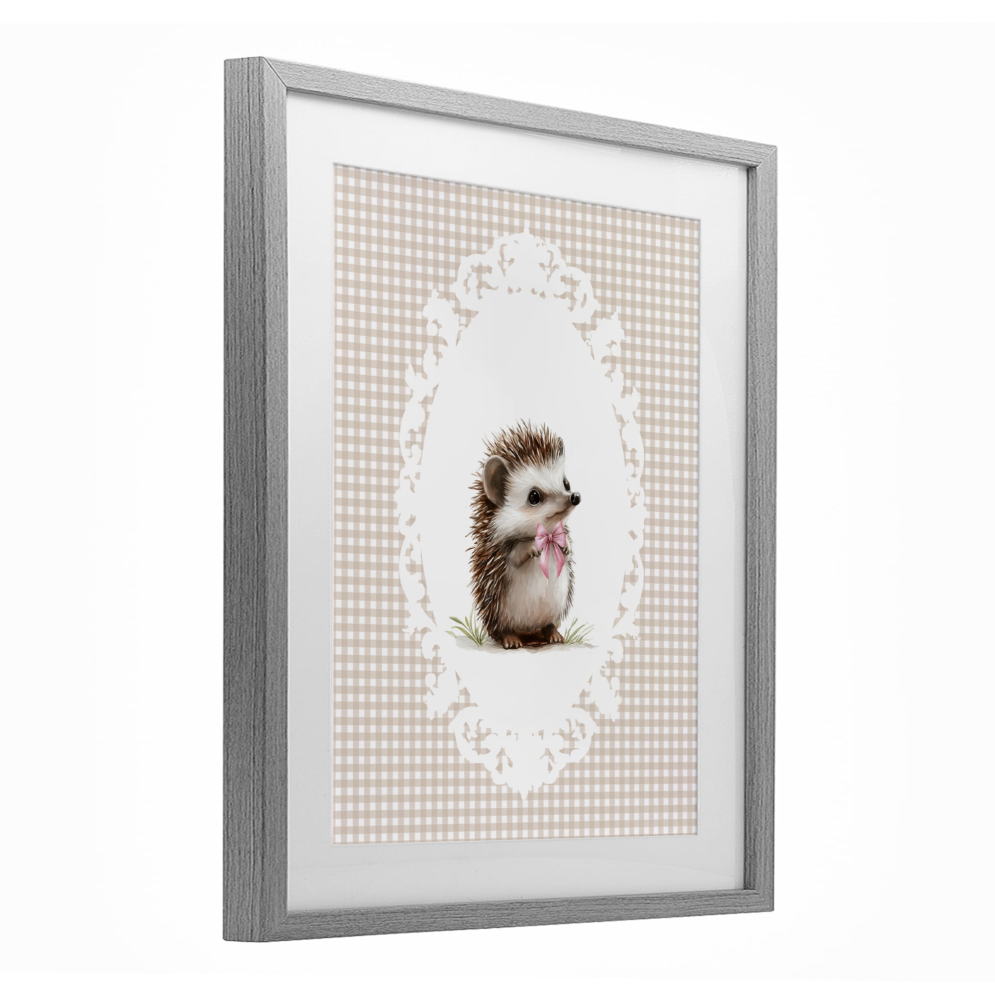 Stupell Industries Vintage Bow Hedgehog on Gingham Gray Framed Print Under Glass, design by Christine Simpson Art