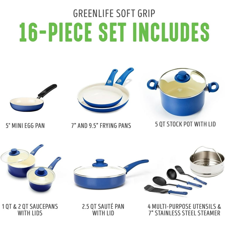 GreenLife CC002378-001 Soft Grip 16 Piece Ceramic Non-Stick Cookware Set,  Blue