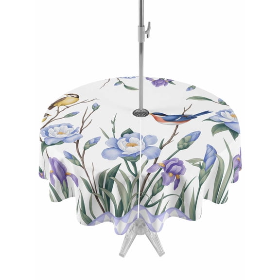 Outdoor Tablecloths with Umbrella Hole & Zipper, Spring Flowers Round Tablecloth 54 Inch, Vintage Blue Floral Leaves Birds Rustic Plants Waterproof Table Cloth, Patio/Pool/Picnic Table Covers