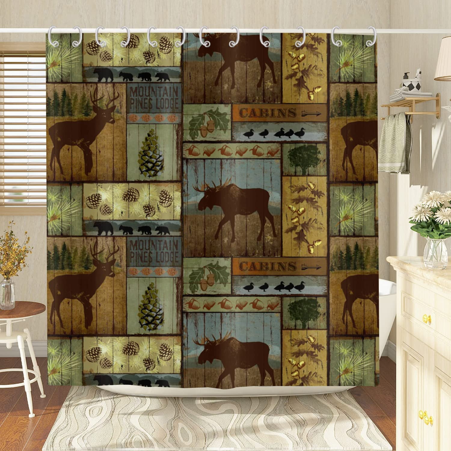 Rustic Cabin Shower Curtain, Country Lodge Bear Moose Deer Duck Pine