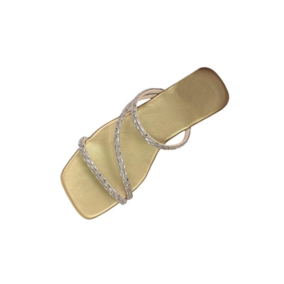 Women's Flat Sandals, Rhinestone Square Toe Slide Sandals, Comfortable Cushioned Insole for Beach, 2-in-1 Wrap Around Strap, Spring Summer Outdoor Shoes