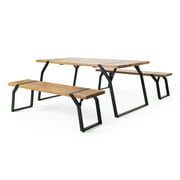 GDF Studio Pepple Outdoor Acacia Wood 3 Piece Picnic Set, Teak and Black