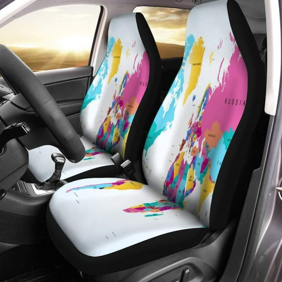 RYLABLUE Set of 2 Car Seat Covers Brown Europe Color World Map Detailed Global Earth Universal Auto Front Seats Protector Fits for Car,SUV Sedan,Truck