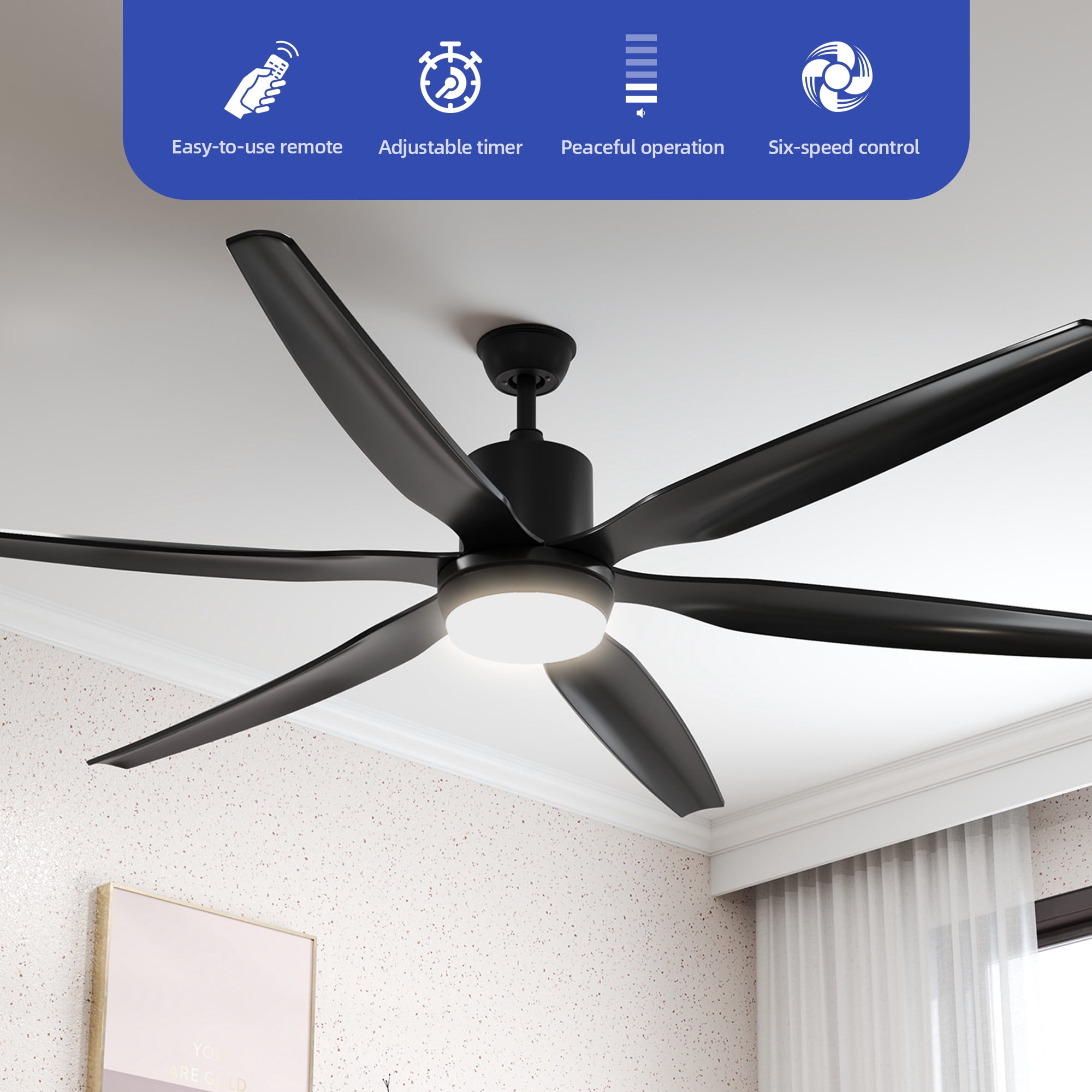 ModFusion 66-Inch Large Black Ceiling Fan with 6 Blades, Smart Control, LED Light, Reversible Quiet DC Motor, Remote & App Controlled