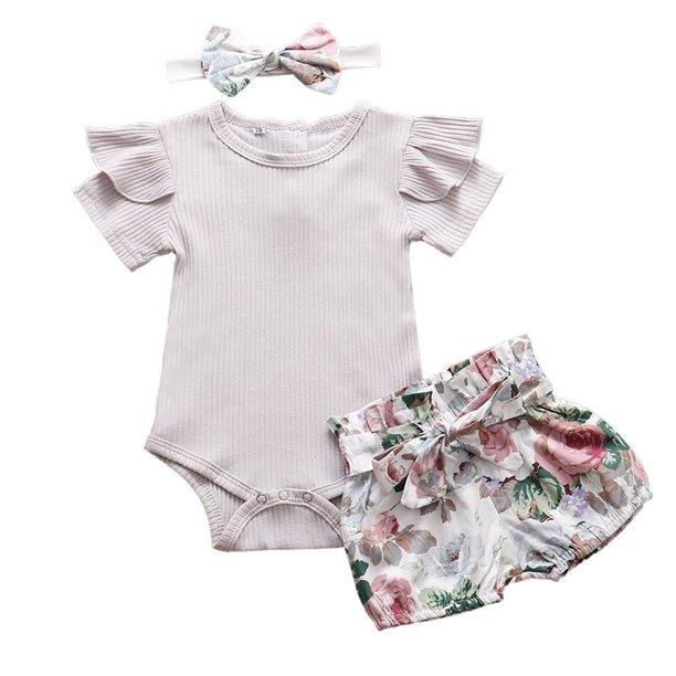 Conjunto de ropa para niña recién nacida, Pelele de manga corta de verano de Color sólido, pantalones cortos de flores, diadema, traje de 3 uds, ropa infantil para recién nacido Tan Jianjun unisex