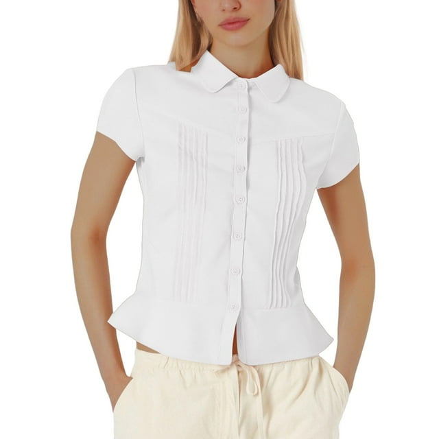 Blouse Décontractée à Manches Courtes pour Femmes Col Rabattu Couleur Unie Tenue Polyvalente pour Toutes les Saisons