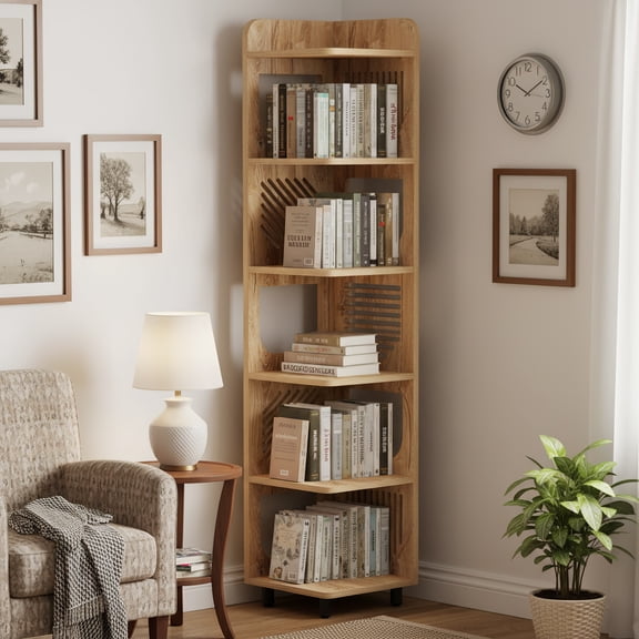 Finmind 6-Tier Corner Bookshelf, Tall Narrow Farmhouse Bookcase for Small Spaces, Natural