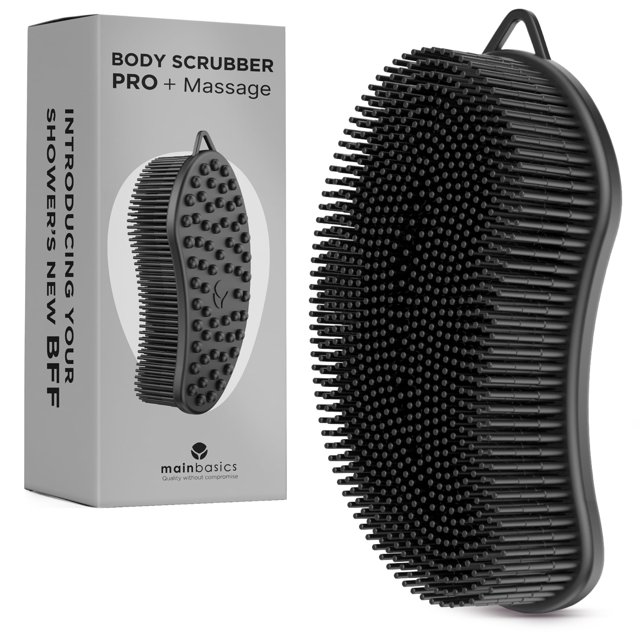 MainBasics Exfoliante de silicona para el cuerpo Pro 2 en 1, exfoliante de ducha para el cuerpo, lufa de silicona y masajeador corporal (cuerpo negro + masaje)