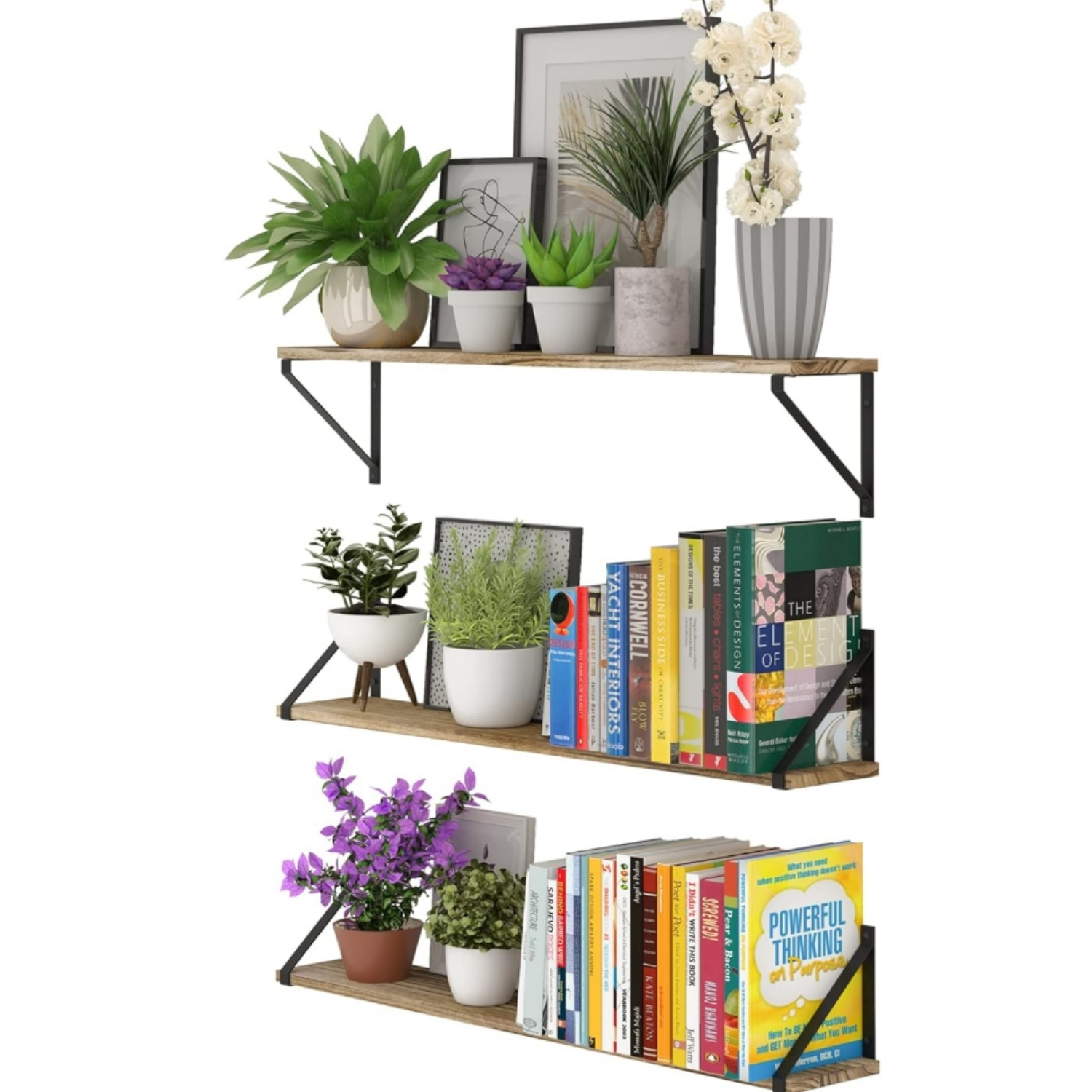 Bora 36 Inch Large Floating Shelves for Wall Storage, Floating Bookshelf Set of 3, Burned Wood Wall Shelves for Books