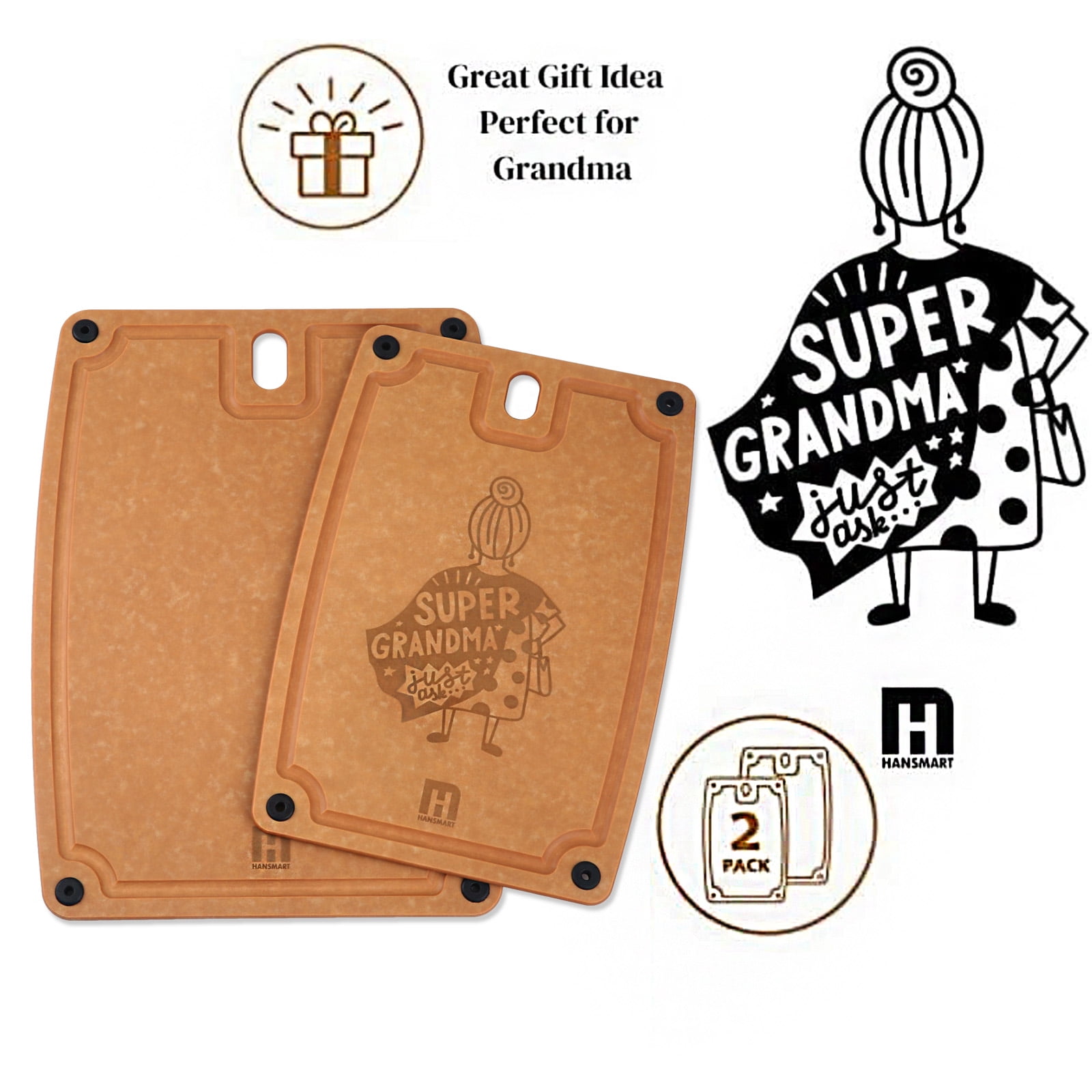 Hansmart Set of 2 Eco-Friendly Cutting Boards with Handles & Juice Grooves, Dishwasher Safe, Medium & Large