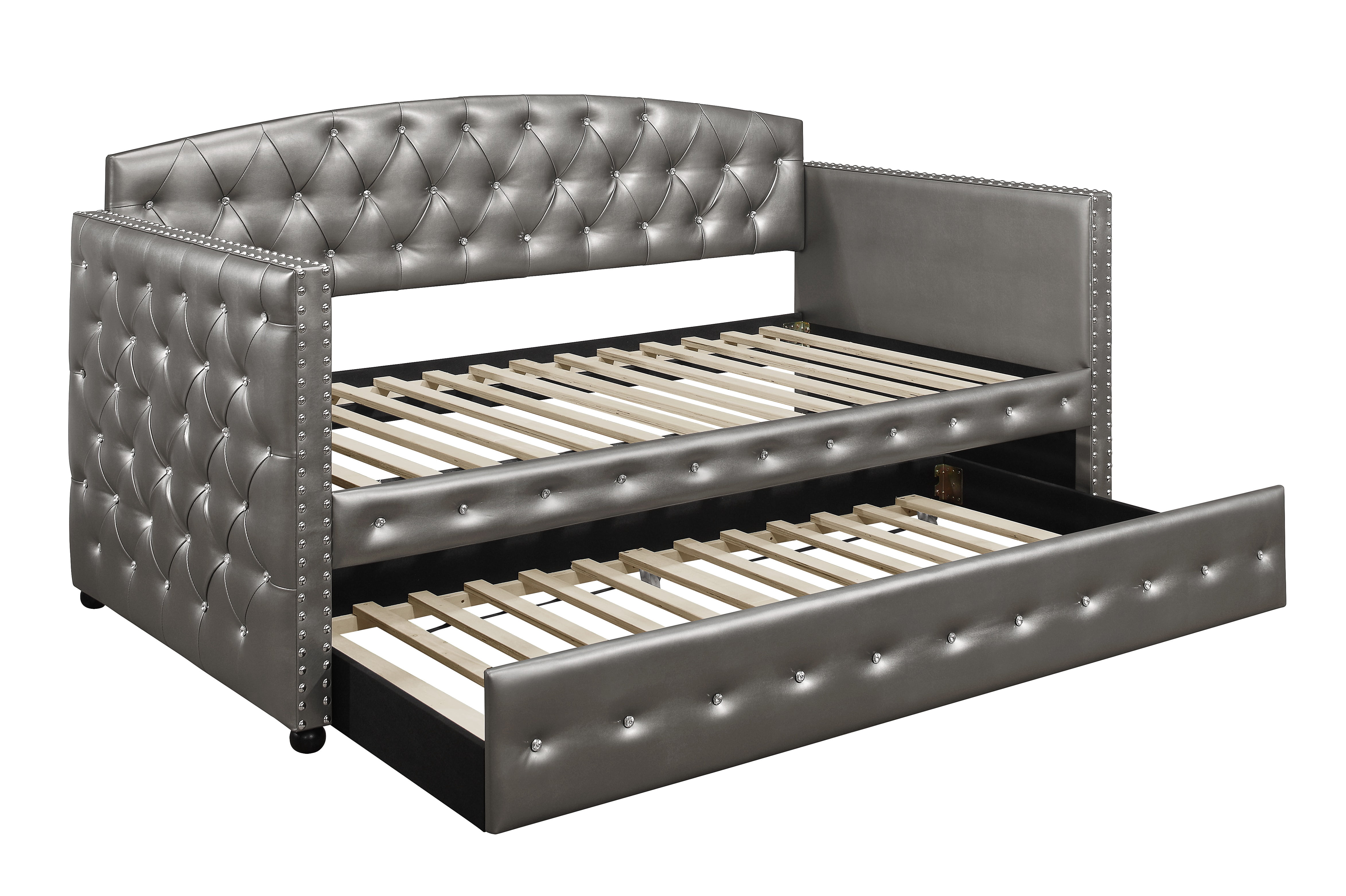 Home Design Ocean Twin Daybed with Pull-Out Trundle, Silver Faux Leather Upholstery, Diamond Button Tufting, Nailhead Trim, Elegant Modern Design