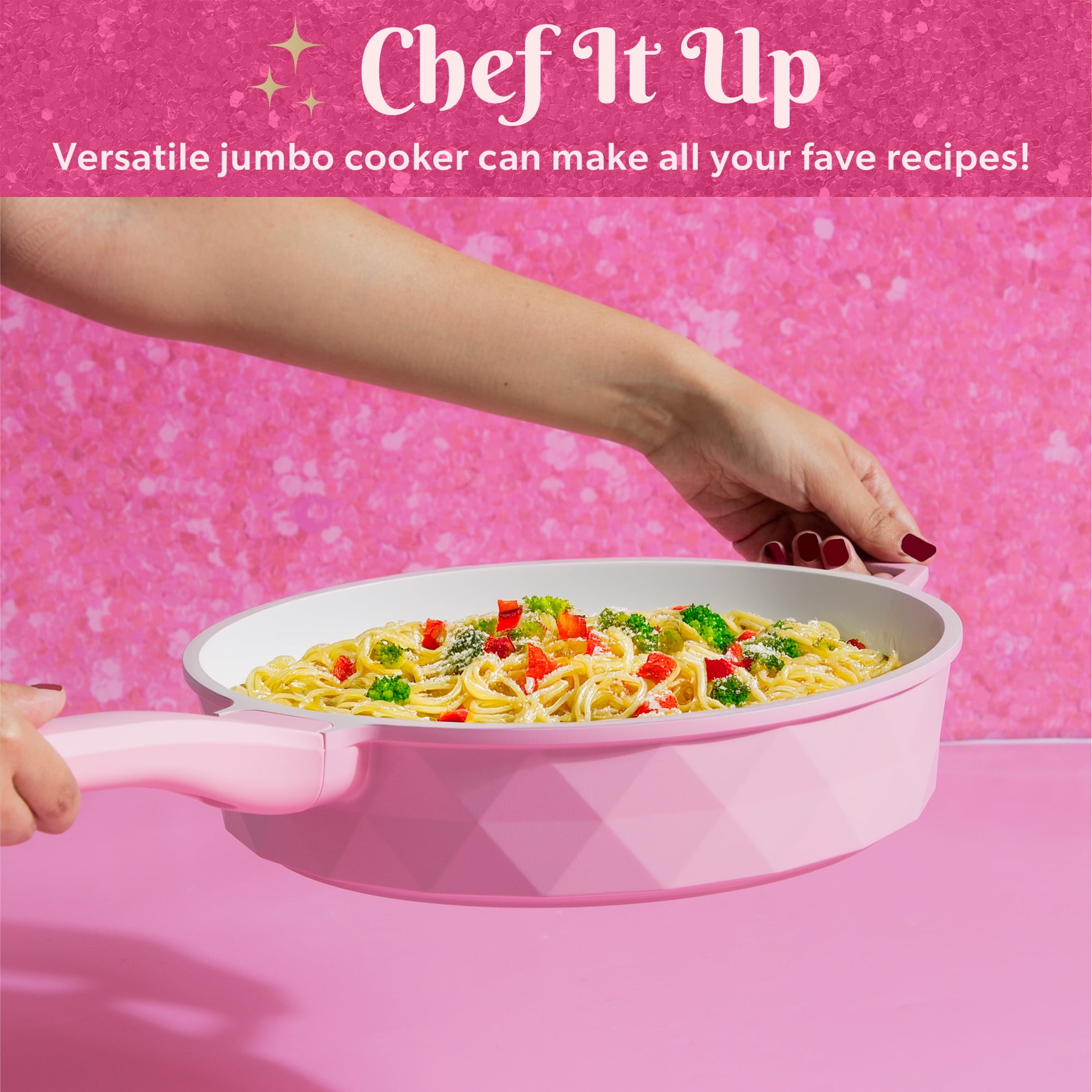 Paris Hilton 4 Quart Ceramic Nonstick Jumbo Cooking Pan Skillet for Sauteing & Frying with Heart Shaped Lid Knobs, Pink