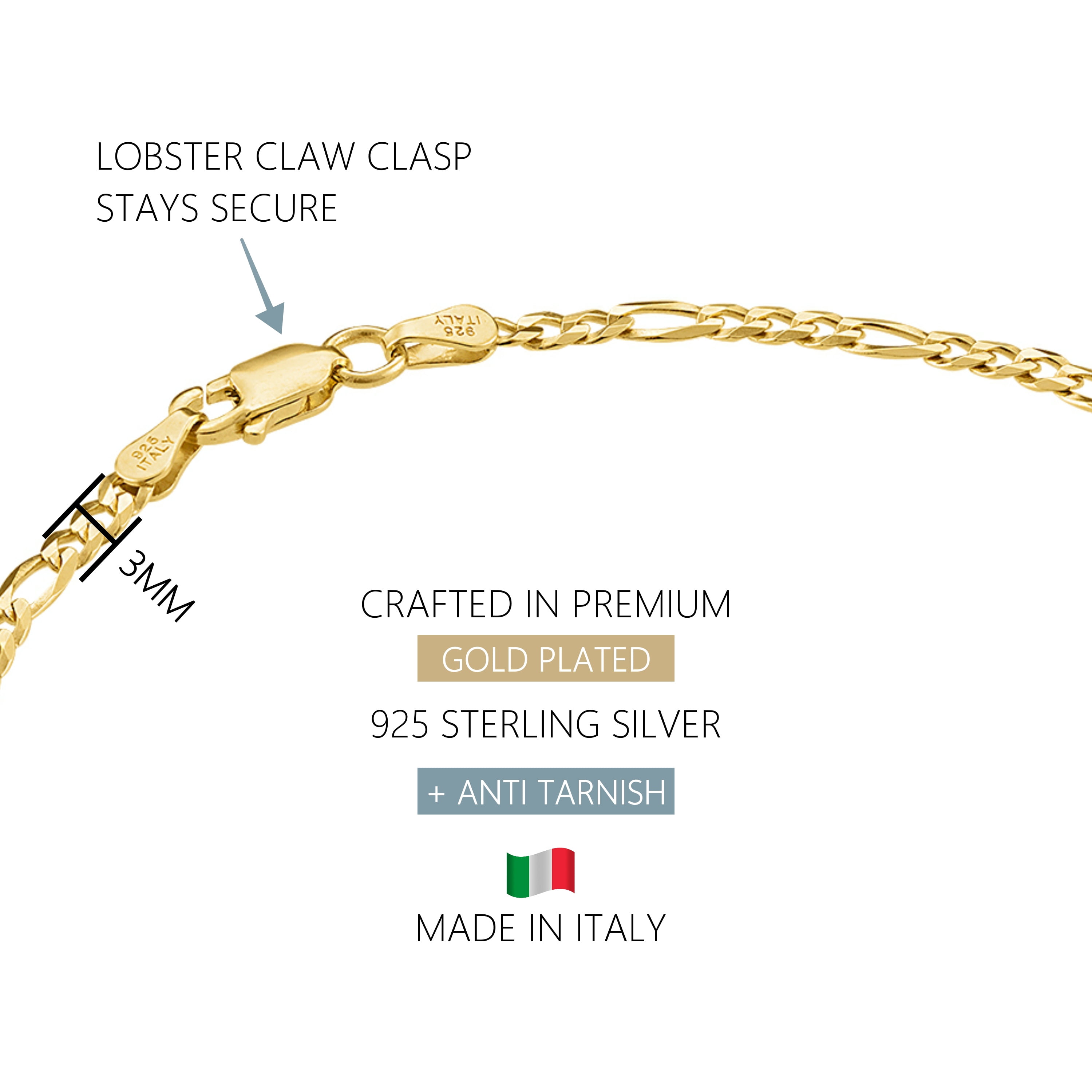 KISPER 925 Sterling Silver Italian 3mm Diamond-Cut Figaro Chain Anklet Bracelet