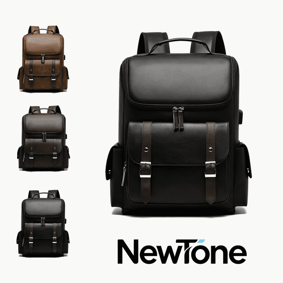 PU Leather Laptop Backpack for Men Women, 15.6 Inch Business Travel Backpack with USB Charging Port, Large Capacity Vintage College School Bookbag, Fits Luggage Strap