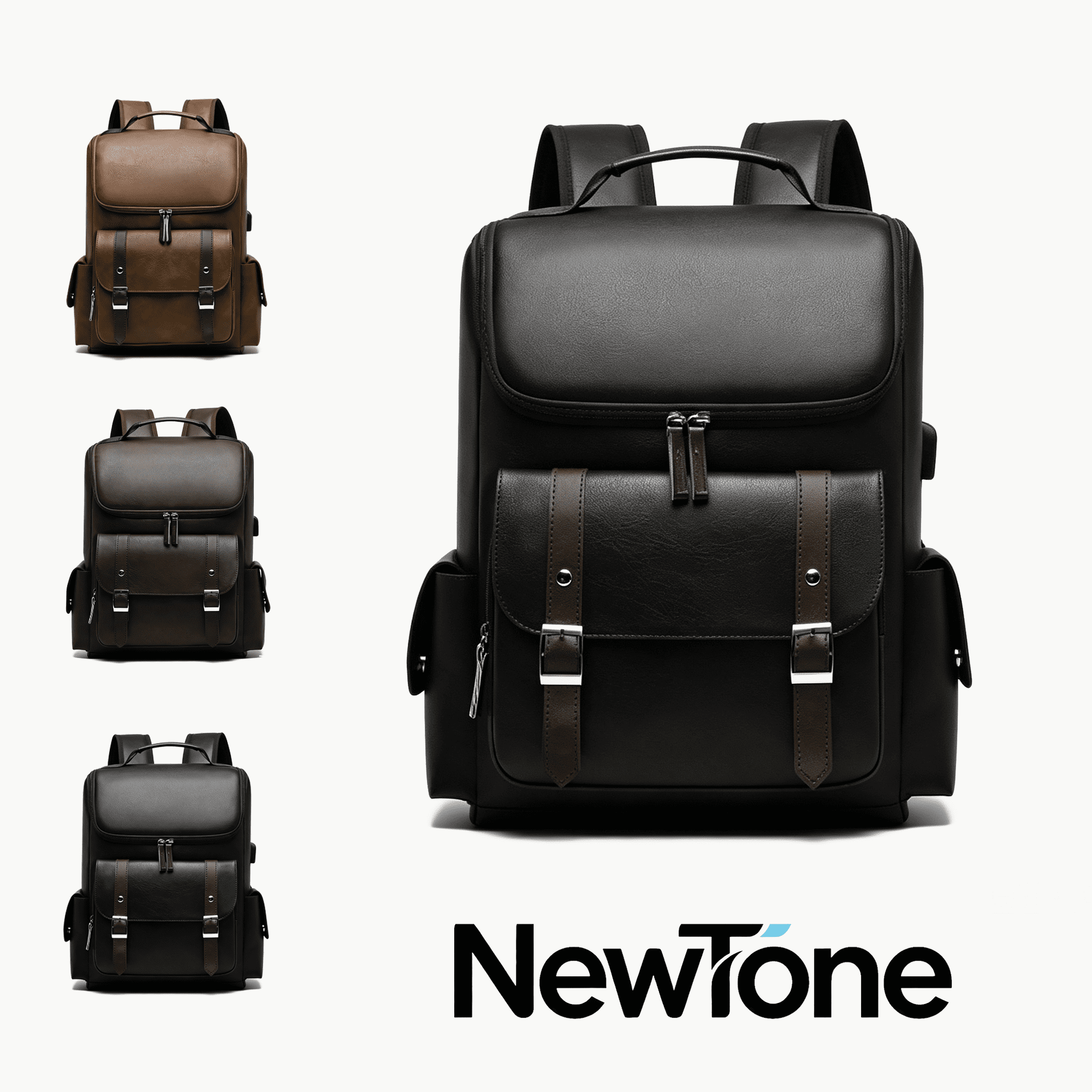 PU Leather Laptop Backpack for Men Women, 15.6 Inch Business Travel Backpack with USB Charging Port, Large Capacity Vintage College School Bookbag, Fits Luggage Strap