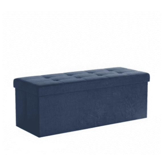 Casabay 43 Inch Collapsible Linen Storage Ottoman Bench, Cushioned Foot Stool with Hidden Storage for Bedroom Entryway, Blue