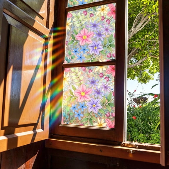 Window Privacy Film Rainbow Film Decorative Window Sticker, 3D Static Flower Glass Cling Tint for Home Heat Control Non-Adhesive, 17.7×78.7Inch