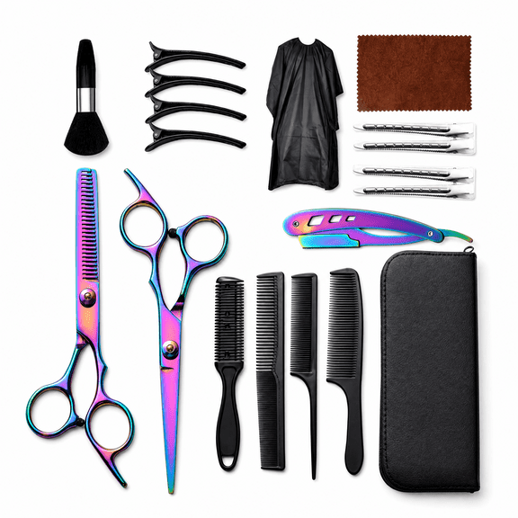 Zengdainm 19-Piece Hair Cutting Scissors Set, 6 Inch 4Cr Stainless Steel Shears, Rainbow Hairdressing Kit with Cape, Comb, Clips, Case for Home Salon Barber