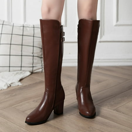 

Bxzhiri Women s Fashion Belt Buckle Thick Heel Side Zipper Boots Leather Boots
