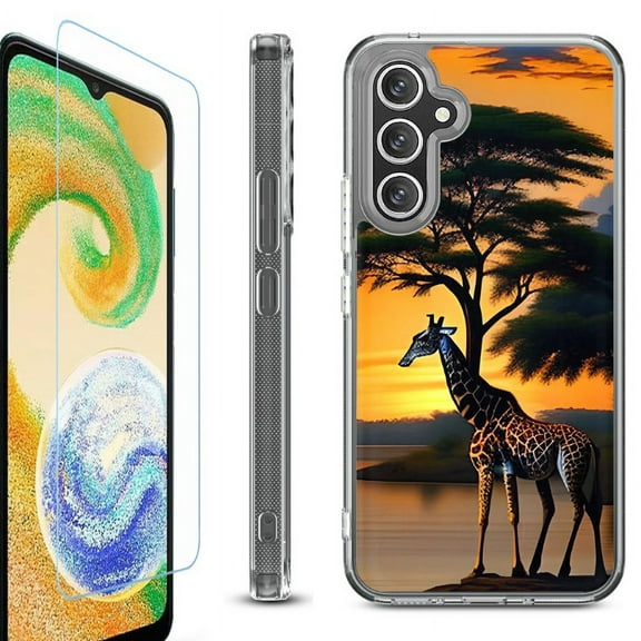 OneToughShield ® Case Compatible with Samsung Galaxy S24, Shockproof Bumper Phone Case, with Tempered Glass Screen Protector - Giraffe Sunset