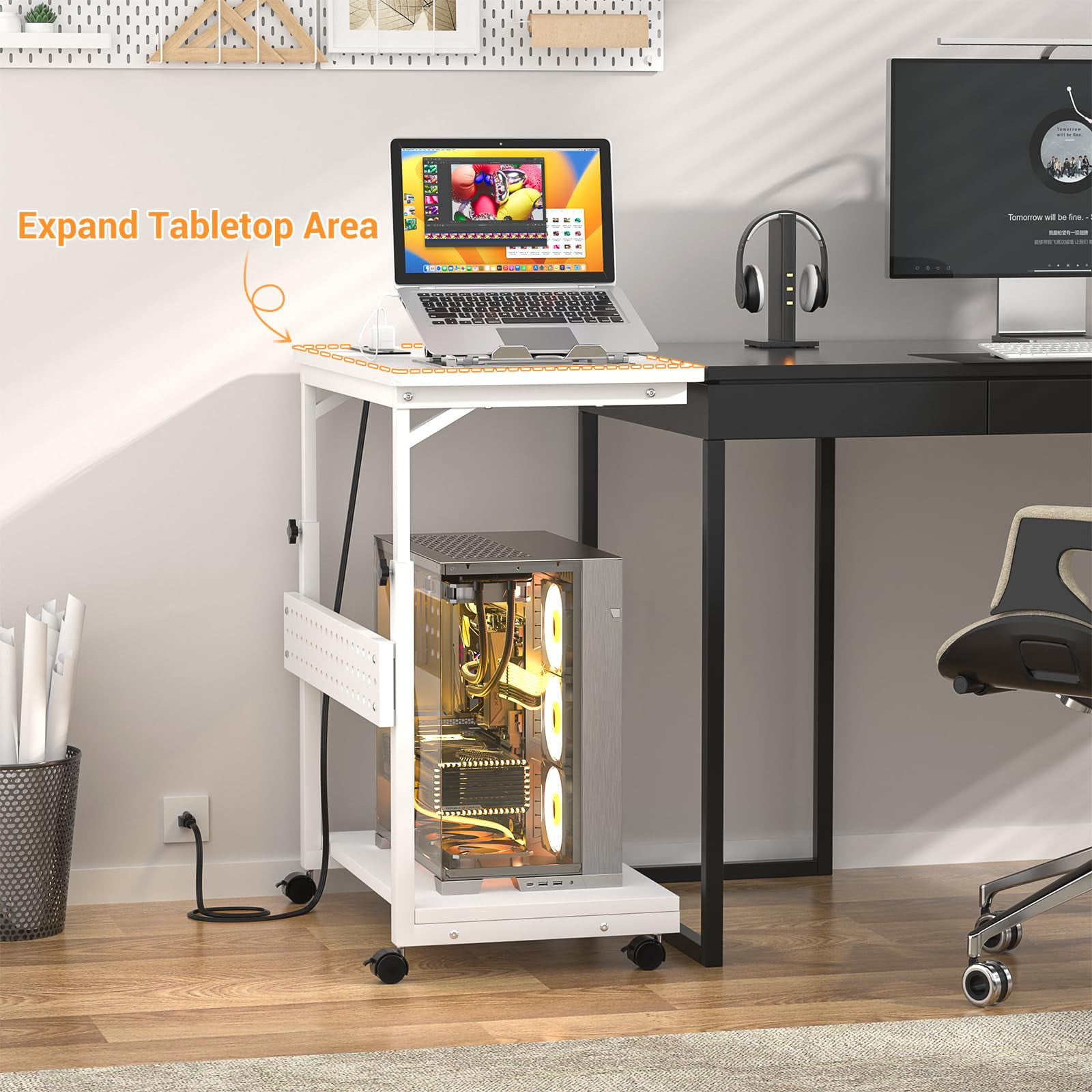 Homieasy 4 Levels Height Adjustable Computer Tower Stand with Power Strips - Mobile Under-Desk CPU Holder with Wheels, 24" Carbon Fiber,Carbon Fiber White