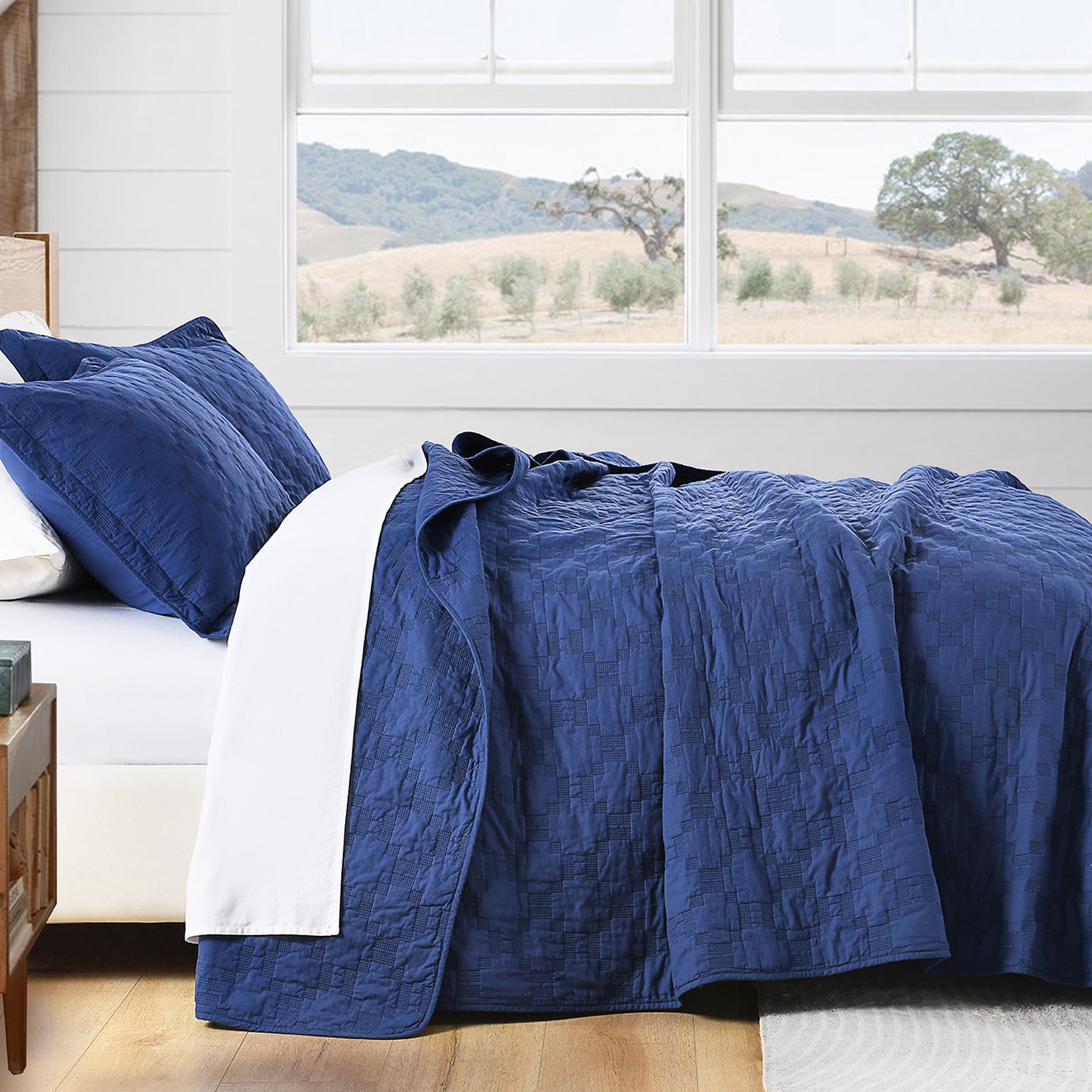 PANGUSHAN 100% Cotton Quilt King Size, Navy Blue King Quilt Bedding Set Embroidery Quilted Bedspreads, Lightweight Comforter for King Bed, All Season, 3 Pieces