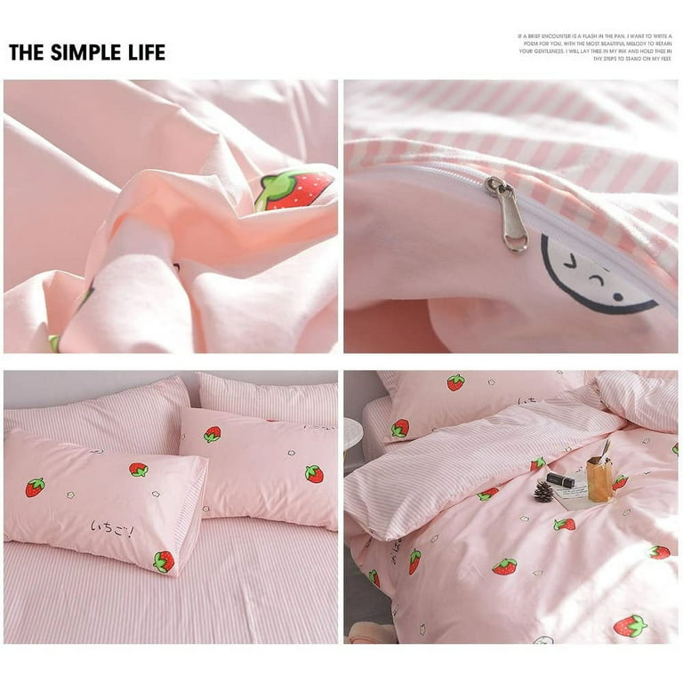 HANDONTIME Twin Duvet Cover Set Pure Cotton Cute Pink Strawberry Sheets  Japanese Style Bedding Set 3 Pieces with Zipper Closure & Corner Ties, 1  Kawaii Pink Duv…