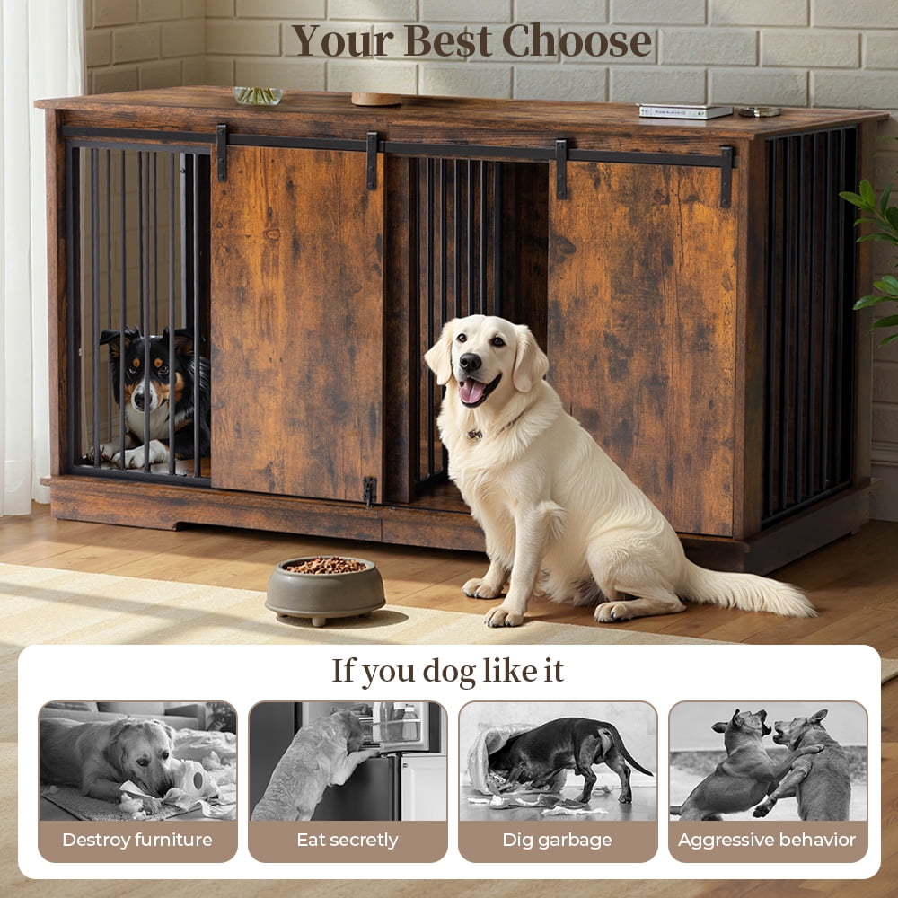 Double Dog Crate Furniture for 2 Dogs, DOMIPET Heavy-Duty Dog Kennel TV Stand with Divider and Sliding Doors, Large Dog Cage for Pet Cat Animals