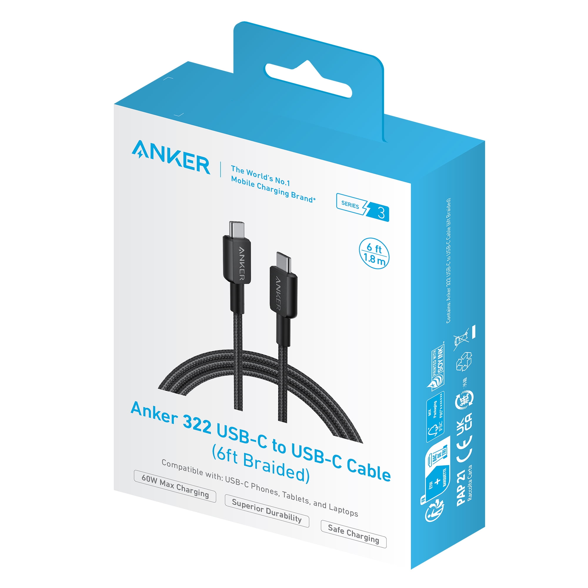 Anker Braided USB-C to USB-C Cable (6ft, 60W) Black