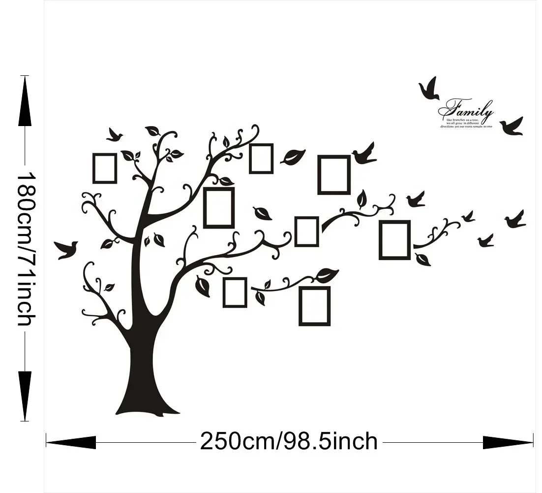 Large 250*180cm/99*71in Black 3D DIY Photo Tree PVC Wall Decals/Adhesive Family Wall Stickers Mural Art Home Decor