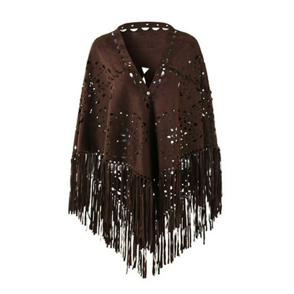 UJNDER Women Loose Suede Fringes Open Cape Poncho Scarf with Punch Pattern and Graceful Fringes for Elegant Coffee