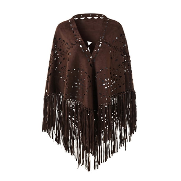 Bufanda poncho abierta con flecos de ante para mujer - Estampado perforado, poliéster, talla única - 190 cm de largo