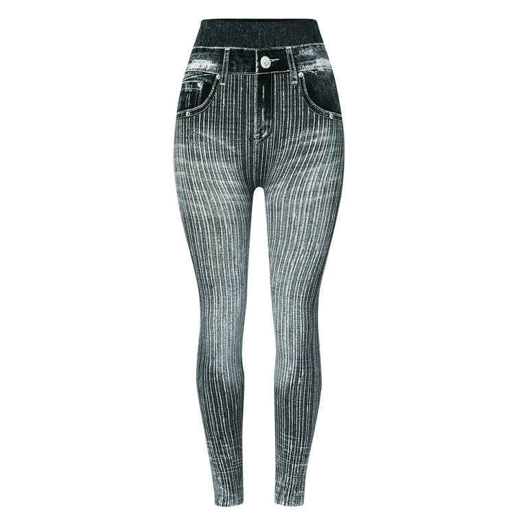 TULUDA Plus Size Pants for Women Elastic Jeans Leggings Thermal Stripe Print Imitation Denim Leggings Tights Hiking Pant Outfits Hip Yoga Pants Womens Trousers High Waisted Gray XXL Walmart