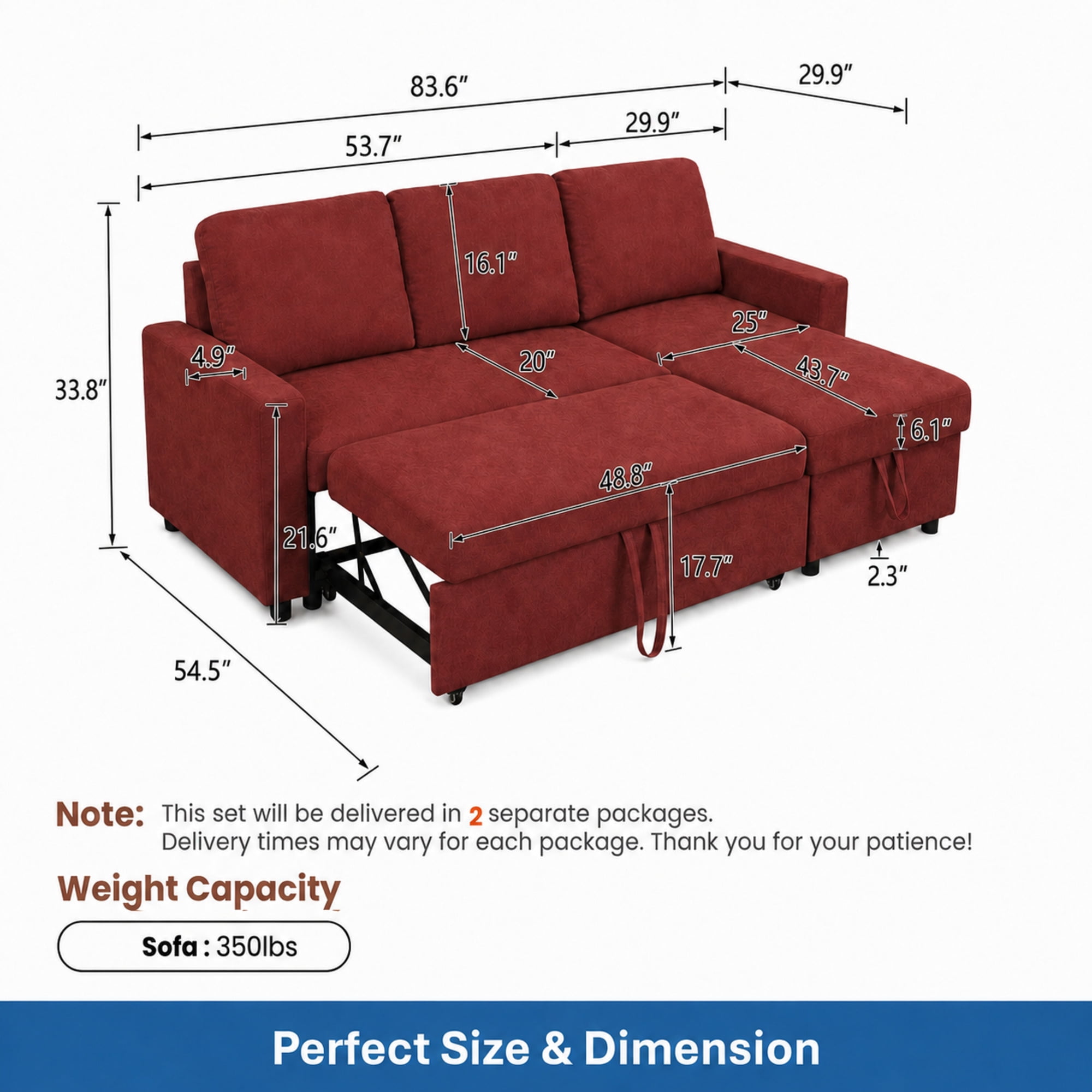 TiramisuBest L-Shaped Convertible Sofa Bed with Reversible & Storage Chaise,84"W Fluffy Flannel Sectional Sleeper for Living Room,Red
