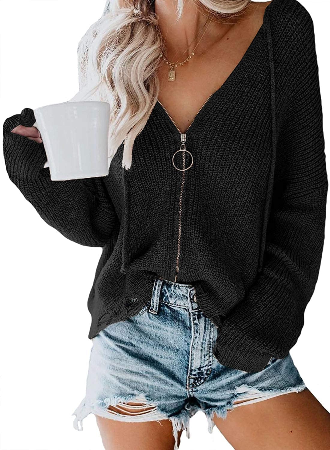 Sweatshirts for Women Zipper Front,Women V-Neck Long Sleeve Coat Knitted Pullover Loose Sweater Jumper Tops 