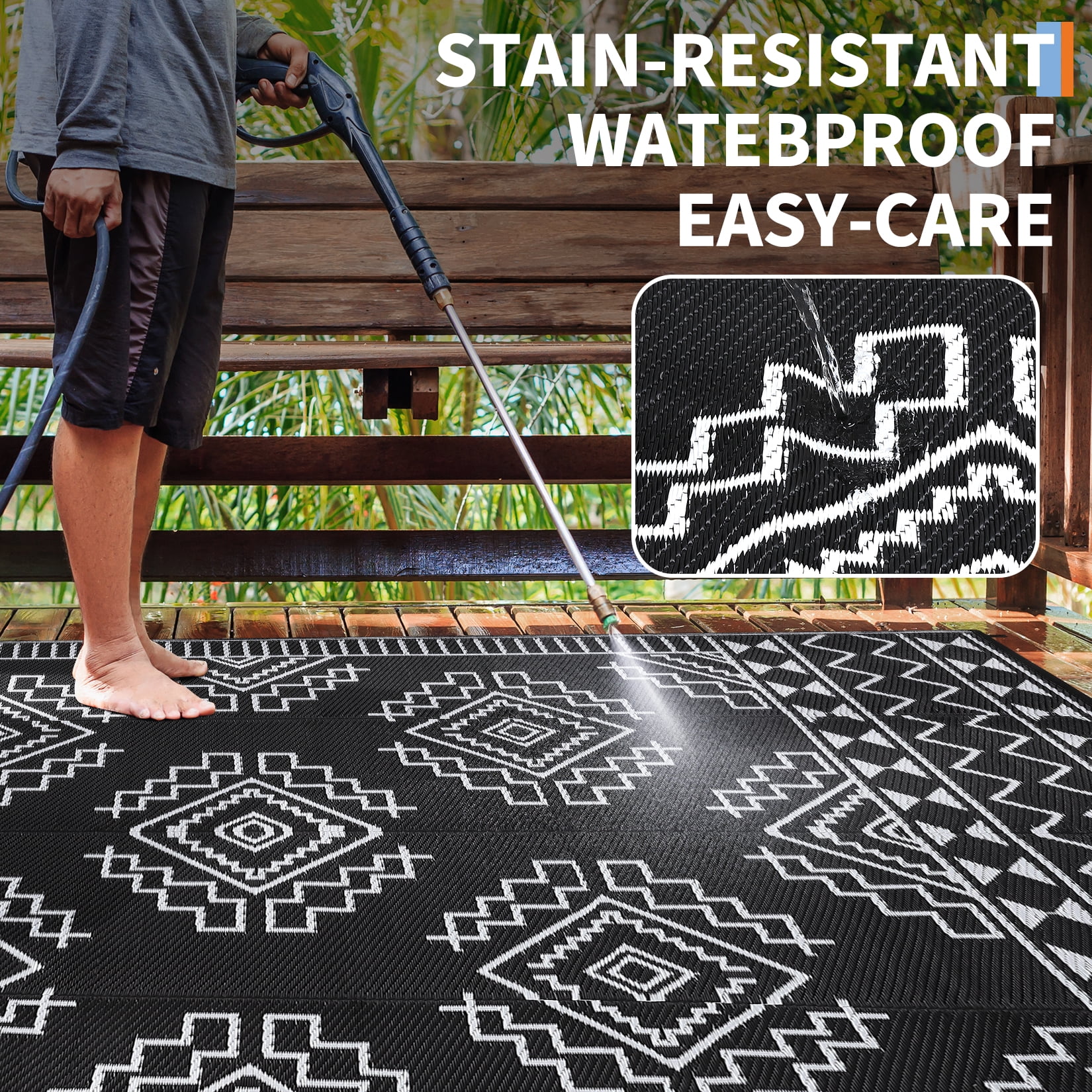 Nanan 8'x10' Outdoor Rug Geometric Waterproof Plastic Straw Rug, Reversible Portable Camping Rug for Patio Balcony Deck Backyard, Black White