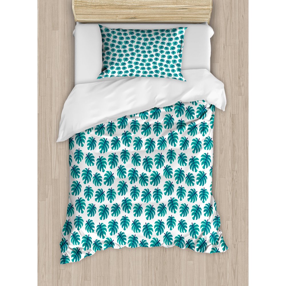 Navy and Teal Twin Size Duvet Cover Set, Tropical Monstera Leaf Pattern