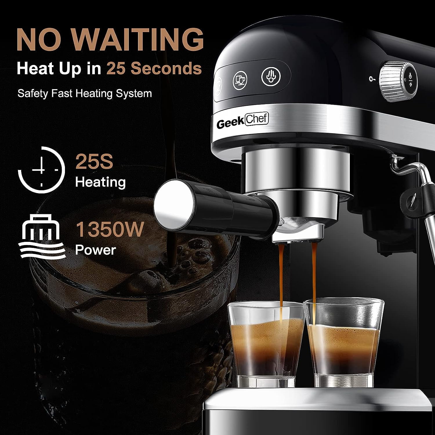 COOKCOK Espresso Machine, 1350W High Performance Coffee Maker Machine, 1.4 L Detachable Water Tank, Semi-Automatic Coffee Maker