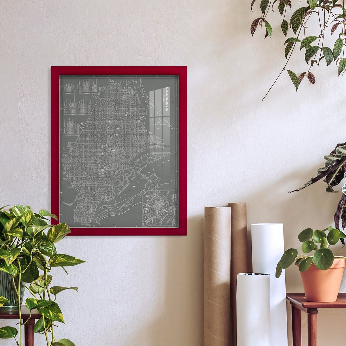 City Map of Washington D.C. -Framed Print w/glass-Cherry Red