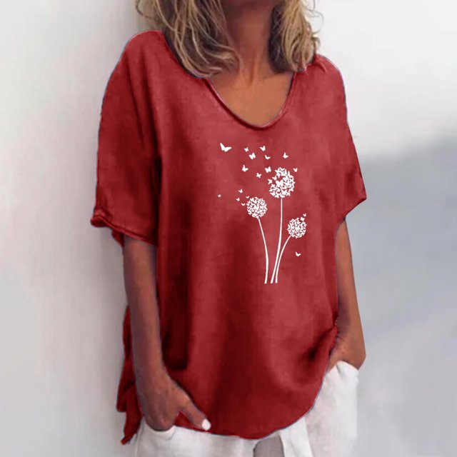 ICHUANYI Clearance Womens Sexy Round Neck Short Sleeve Tops Printed Regular Blouse(Red, XL) ICHUANYI WER2023081503558