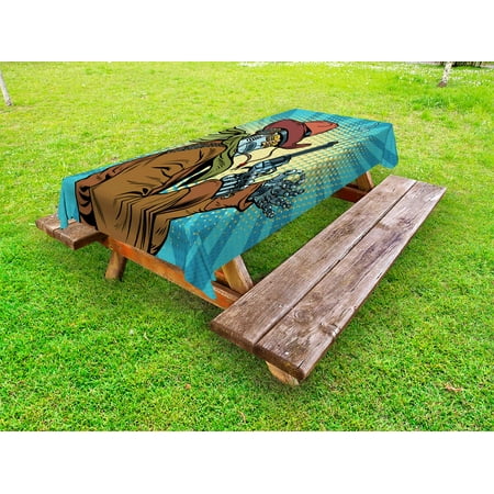 

Blue Outdoor Tablecloth Steampunk and Western Style Robot Cowboy Makes OK Gesture Illustration Decorative Washable Fabric Picnic Table Cloth 58 X 84 Inches Petrol Blue and Brown by Ambesonne