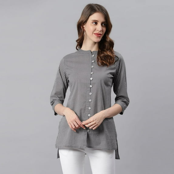 Janasya Indian Chinese Neck 3/4 Sleeve Striped Grey Cotton Tunic For Women
