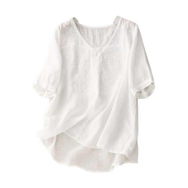 Blusa vintage de lino para mujer con cuello en V y manga corta - Top informal holgado de color liso