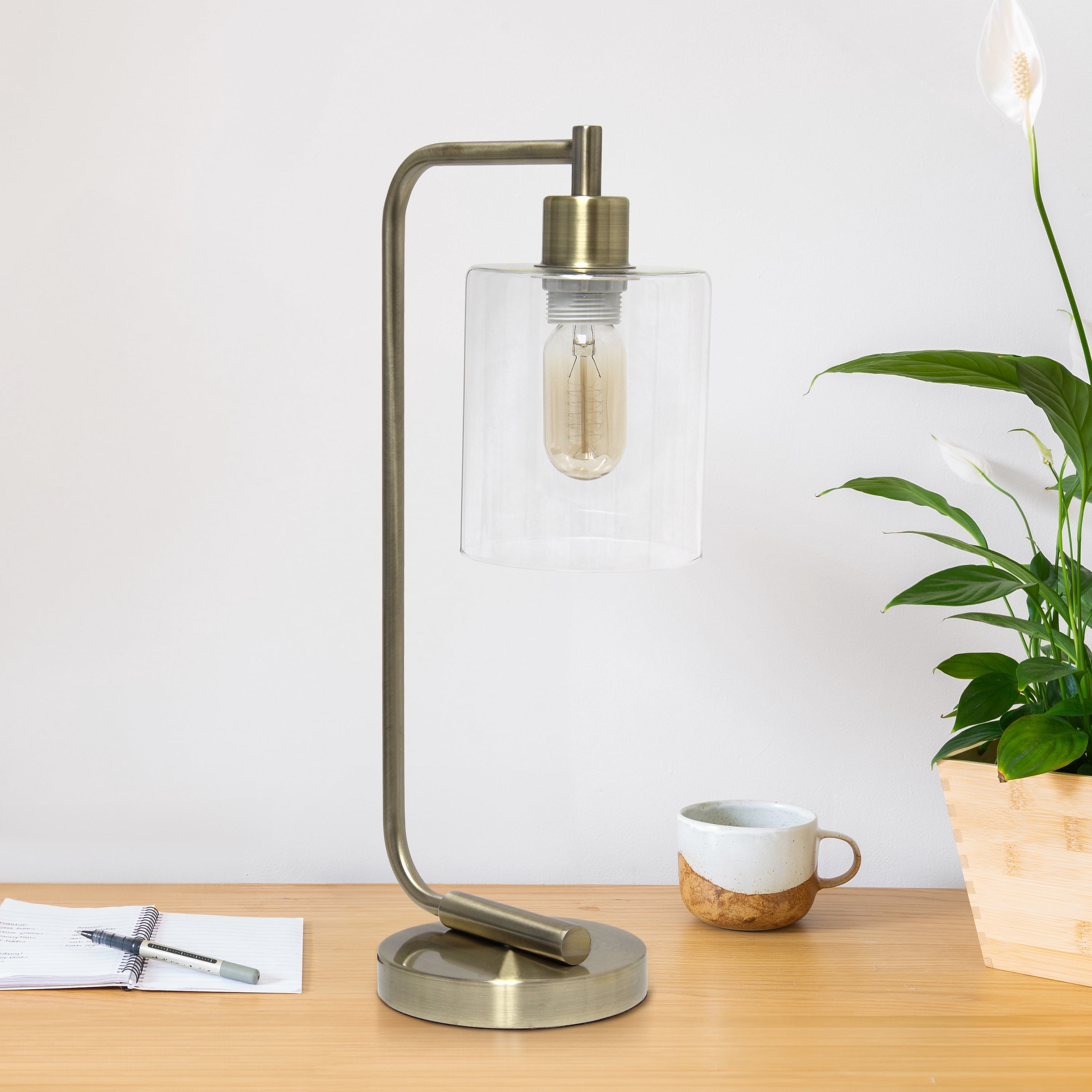Creekwood Home 18.8" Vintage Industrial Curved Arm Desk Lamp & Glass Shade, Antique Brass