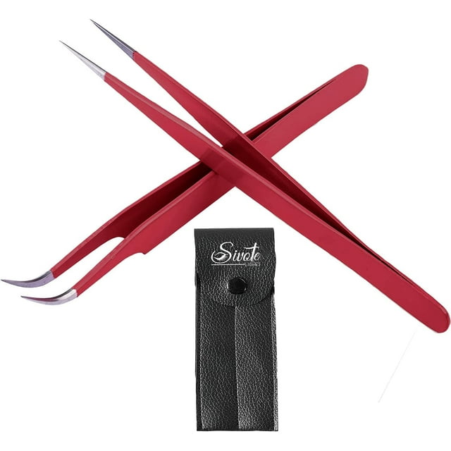 SIVOTE Lash Tweezers for Eyelash Extensions, Hand Calibrated Straight & Curved Tip, Pack of 2, Red Eyelash Tweezers for Lash to Elevate Your Lash Artistry!
