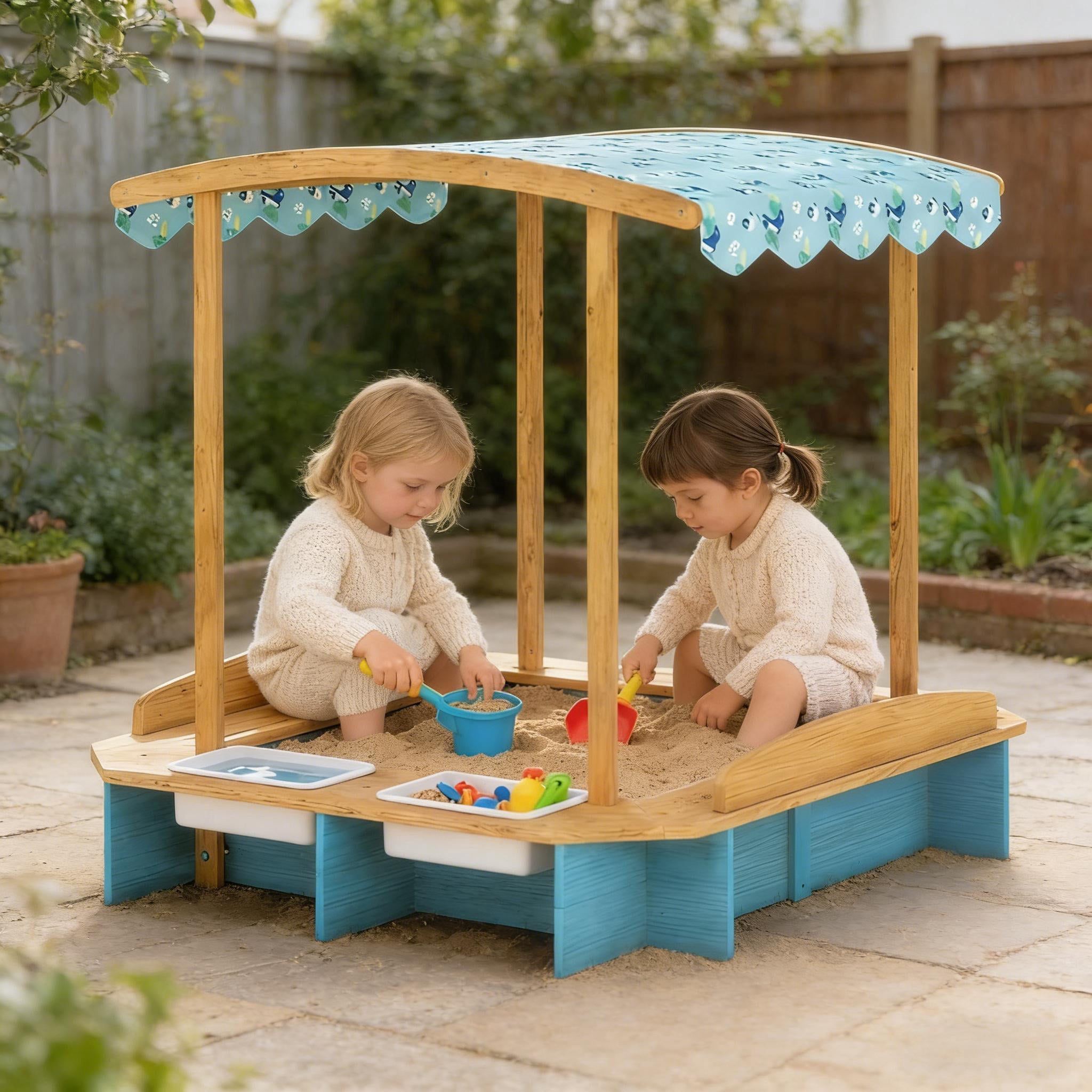 Kids Wooden Sandbox with Dinosaur Print Oxford Canopy, 3-Sided Bench Seats for 6 Children, 2 Removable Storage Boxes, Fir Wood Outdoor Sand Pit with Bottom Liner for Backyard Ages 3-6